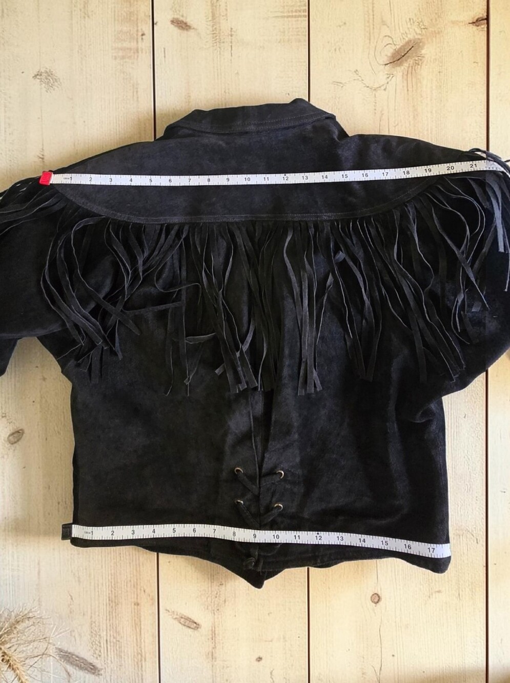 90s Vintage Black Suede Fringe Leather Jacket Western Corset Lace Medium Boho - Picture 5 of 14